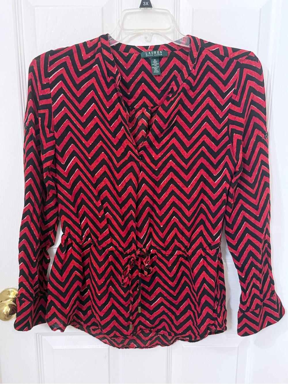 Ralph Lauren Red and Black Peplum Blouse with Waist Tie